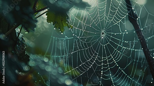 Glistening dewdrops on intricate spider webs in early morning light