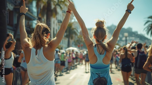 Concept of support, Two friends cheering at a marathon