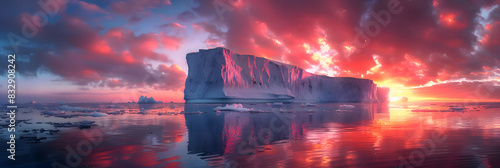 A nature iceberg during sunset, the sky ablaze with colors, and the ice reflecting the hues