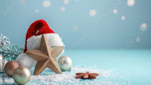Festive decorations of a Christmas star and Santa hat on a soft blue backdrop