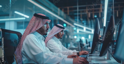 Two Saudi men in traditional white thobe and red kippas, working together at a computer desk with multiple monitors inside a modern office space,