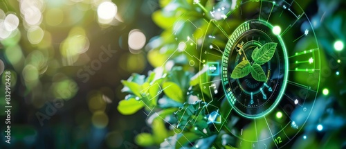Green living incorporates sustainable practices, shown in a closeup of a smart thermostat optimizing energy use, enhanced with futuristic technology