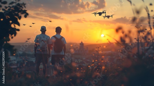 Two pals piloting drones, harnessing the power of cutting-edge technology