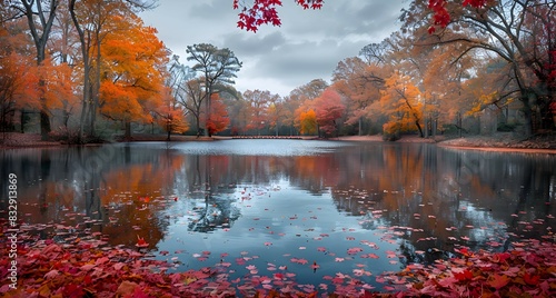 A nature lake surrounded by autumn foliage, the water reflecting the brilliant reds and oranges of the trees