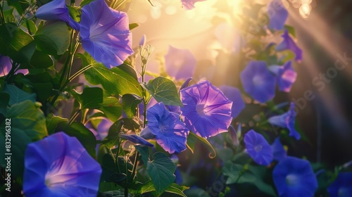 Flowering vines of purple morning glories blanket the earth