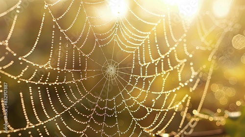 Glistening dewdrops on intricate spider webs in early morning light