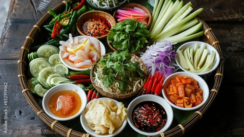 A beautifully arranged platter of with various dipping sauces and fresh vegetables.