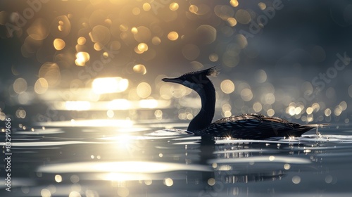 A solitary dark water bird on the sparkling surface of the water