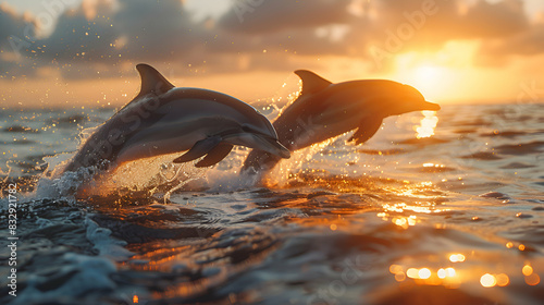 A nature ocean scene with a pod of dolphins leaping out of the water, the sun setting in the background