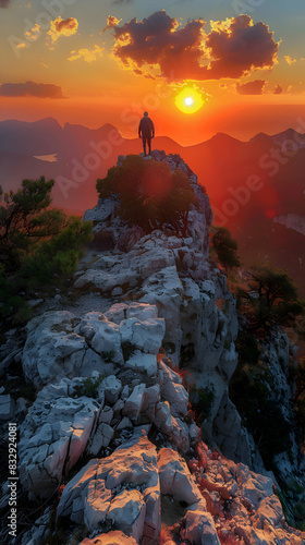 A nature plateau scene with a lone hiker exploring the rugged terrain, the sun setting in the background