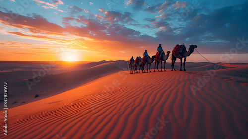 A nature sand dune scene with a caravan of camels silhouetted against the setting sun
