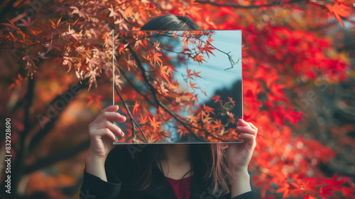 紅葉の森の景色を映す鏡を持つ日本人女性
