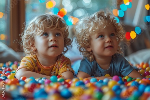 Twin toddlers with curly hair having fun together in a vibrant pit filled with plastic balls