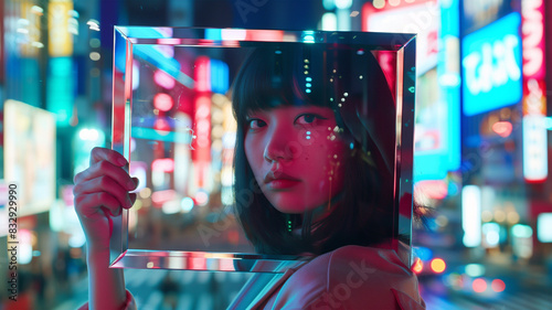 都会の景色を映す鏡を持つ日本の若い女性