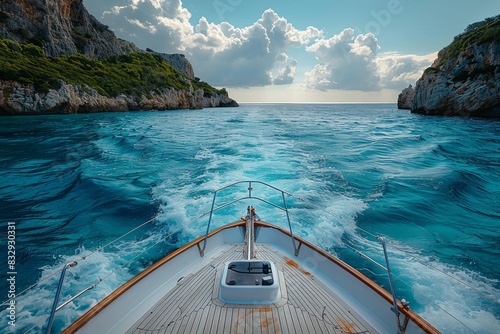 A luxurious yacht sails on clear blue seas near towering cliff formations under a partly cloudy sky