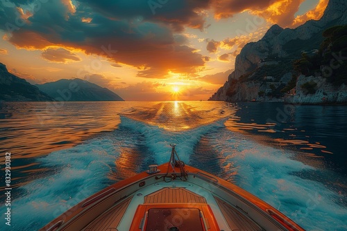 A luxury speedboat moves towards a captivating sunset near grand rocky cliffs in a calm sea