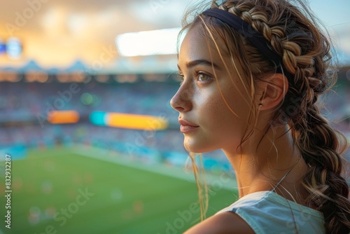 Curly-haired young woman gazing intently from the sidelines at a sporting event, with a stadium backdrop
