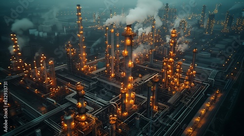 Illuminated Industrial Refinery at Night. Aerial view of an illuminated industrial refinery at night, showcasing the complexity and scale of the oil processing facility.