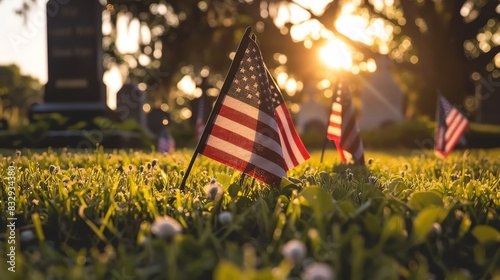 Color photo of American flags on grass at cemetery, blurred background with sunlight and tombstones in the distance.