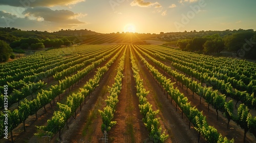 Vineyard at Sunset with Rows of Grapevines. Expansive vineyard with neatly arranged rows of grapevines bathed in sunset light, ideal for wine production and agritourism.
