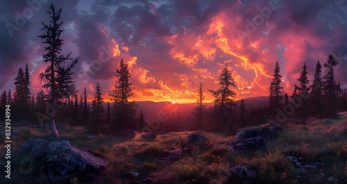 A panoramic view of a nature forest during sunset, the sky ablaze with colors, and the trees silhouetted against the sky
