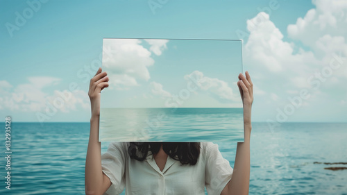海の景色を映す鏡を持つ日本の若い女性