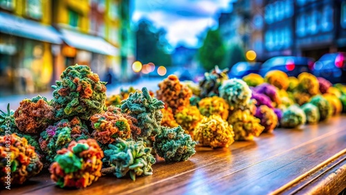 Colorful close-up of cannabis buds on desk in dispensary on street corner