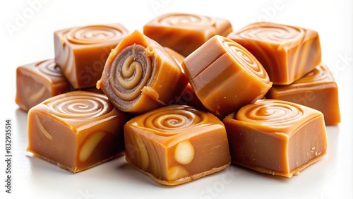 Close-up of caramel candies with swirls of milk and fudge toffees on a white background