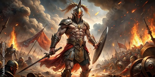 An epic depiction of Ares, God of war, showcasing a fierce battleground with broken weapons and debris strewn across