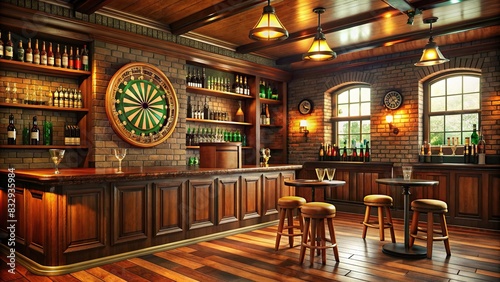 Cozy Irish pub interior with wooden bar, Guinness taps, and darts board