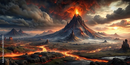Dark and desolate of Mordor land with erupting volcano and barren landscapes