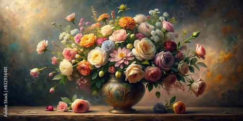 An artistic rendering of a classic vase filled with delicate flowers, created with generative and oil textures