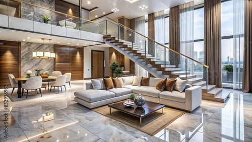 Luxury living room with marble floor and cantilever staircase, modern minimalist design