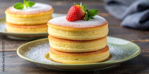 Close-up of Japanese souffle pancakes stacked on a plate