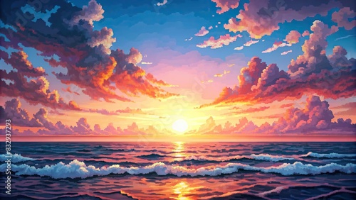 Sunset or sunrise over the ocean with pink clouds, nature landscape pixel art