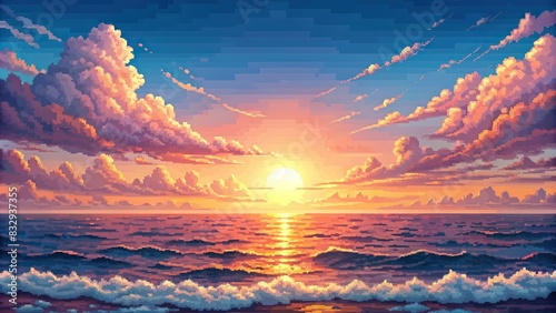 Sunset or sunrise over the ocean with pink clouds, nature landscape pixel art