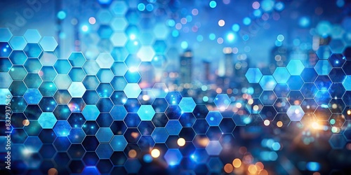 Abstract blue hexagonal background with blurred bokeh lights in a cityscape setting