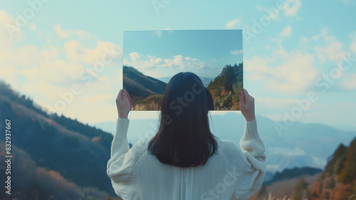 美しい山景色を映す鏡を持つ日本の若い女性