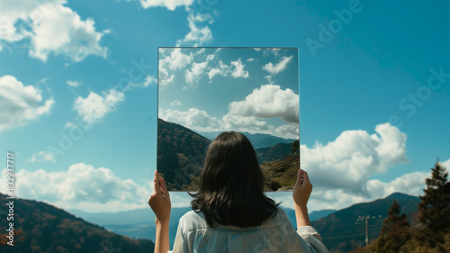 美しい山景色を映す鏡を持つ日本の若い女性