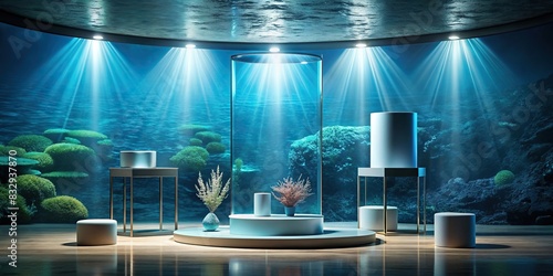 Empty display stand with underwater elements, ideal for showcasing various products in a serene underwater setting