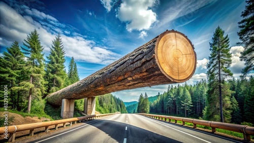 Stock photo of a giant tree trunk precariously balanced on a cylindrical overhanging load on a highway