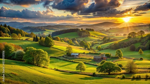 A serene early summer landscape bathed in the golden glow of sundown, featuring lush meadows and rolling hills in a picturesque valley