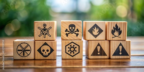 Wooden blocks with chemical hazard symbols on table, concept of toxic substances and occupational health