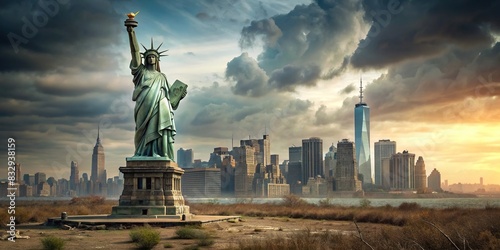 A deserted and dystopian version of the Statue of Liberty