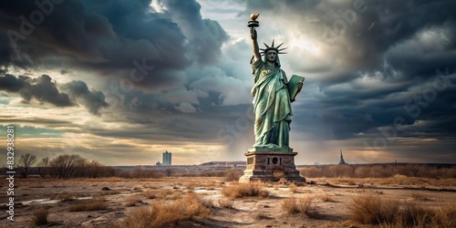 A haunting abandoned statue of liberty in a desolate landscape