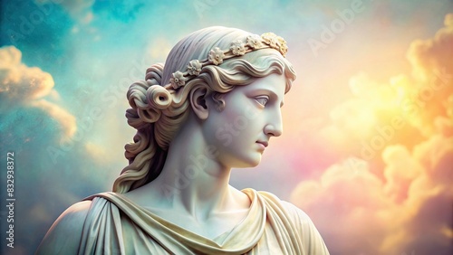 Ancient Greek goddess sculpture in pastel hues against a soft background