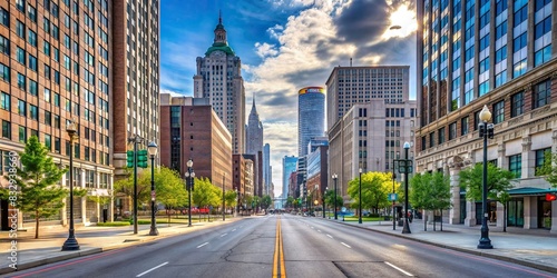 Empty street view of downtown Detroit, Michigan, USA