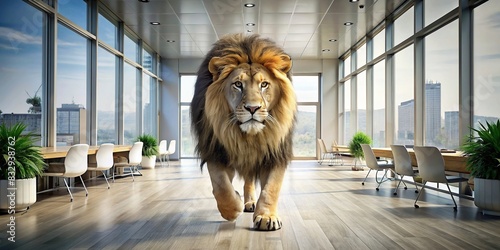 A fierce lion roaming through a modern corporate office setting