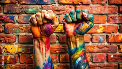 Graffiti covered hands against a brick wall, one hand clenched in a fist