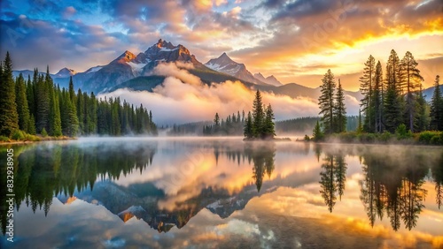 Mist enveloping a picturesque mountain lake at sunrise